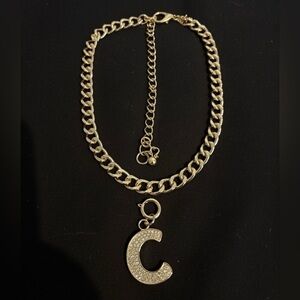 Gold Chain Necklace with C Pendant / Enhancer with bling - heavy EUC